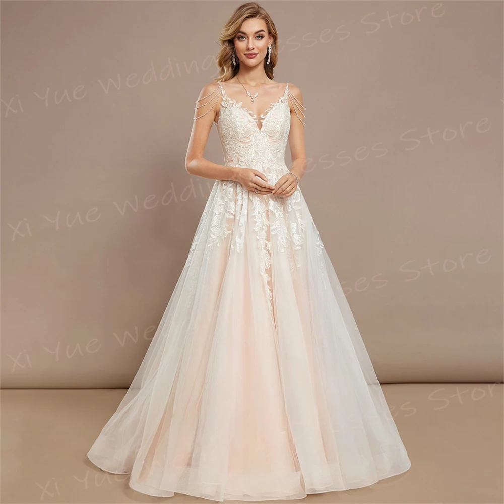 Mulheres elegantes vestidos de casamento em linha, apliques bonitos, vestidos de noiva, cintas de espaguete, sem mangas, requintado