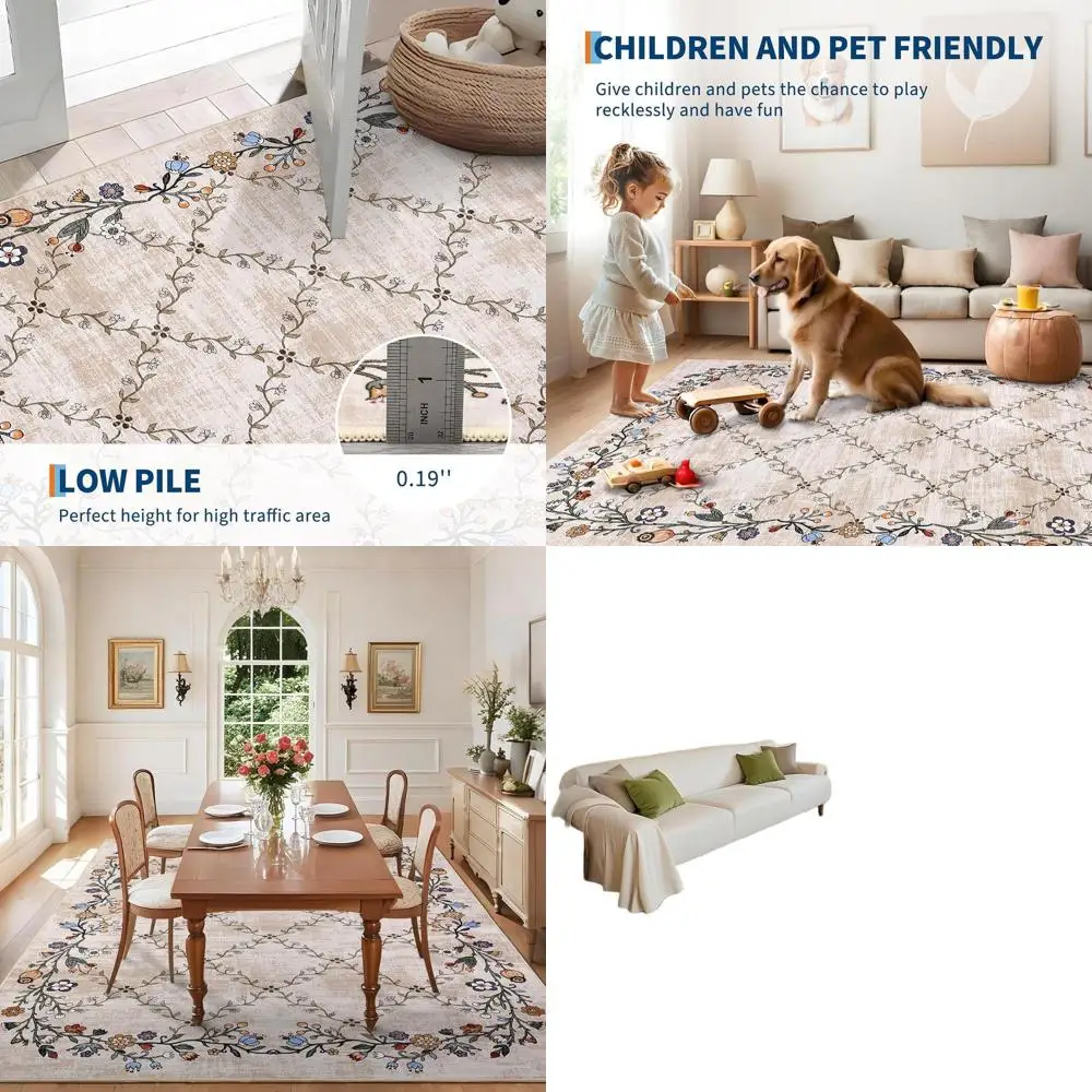 

8x10 Beige Floral Rugs - Modern, Washable, Non-Slip for Living Room and Bedroom