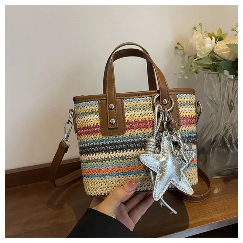 Boho Style Striped Woven Mini Tote Bag Women Retro Vacation Handbag Detachable Strap Crossbody Shoulder Bag