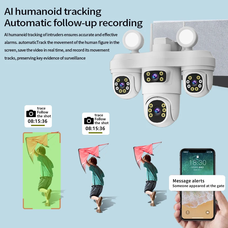 Outdoor 6K 12MP WiFi IP Camera 3 Controllable PTZ Lens Color Night Vision Human Detection 2-way Audio Security Camera O-KAM PRO