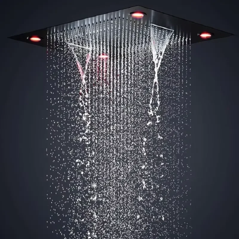 6 Functions High Pressure Bathroom Black Shower Faucets 600*600MM Waterfall LED Shower Panel Thermostatic Mixer Shower Head view 4