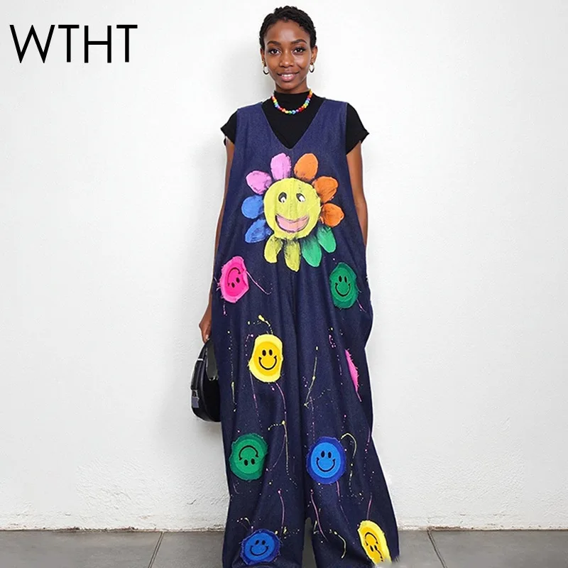 

WTHT New Fashion Women's Colorful Flower Print Loose Denim Jumpsuits 2025 Autumn Trendy V-neck Sleeveless Pants Female 1LS2468