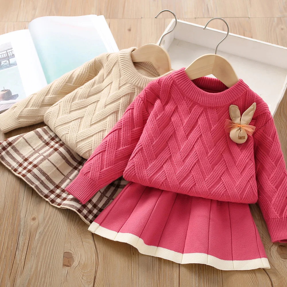 

Two-piece Girls Sweater Dress Set Kawaii Rabbit Cute Girl Knitted Skirt Children Dress Skirt Set Kids Warm Autumn Winter Dress