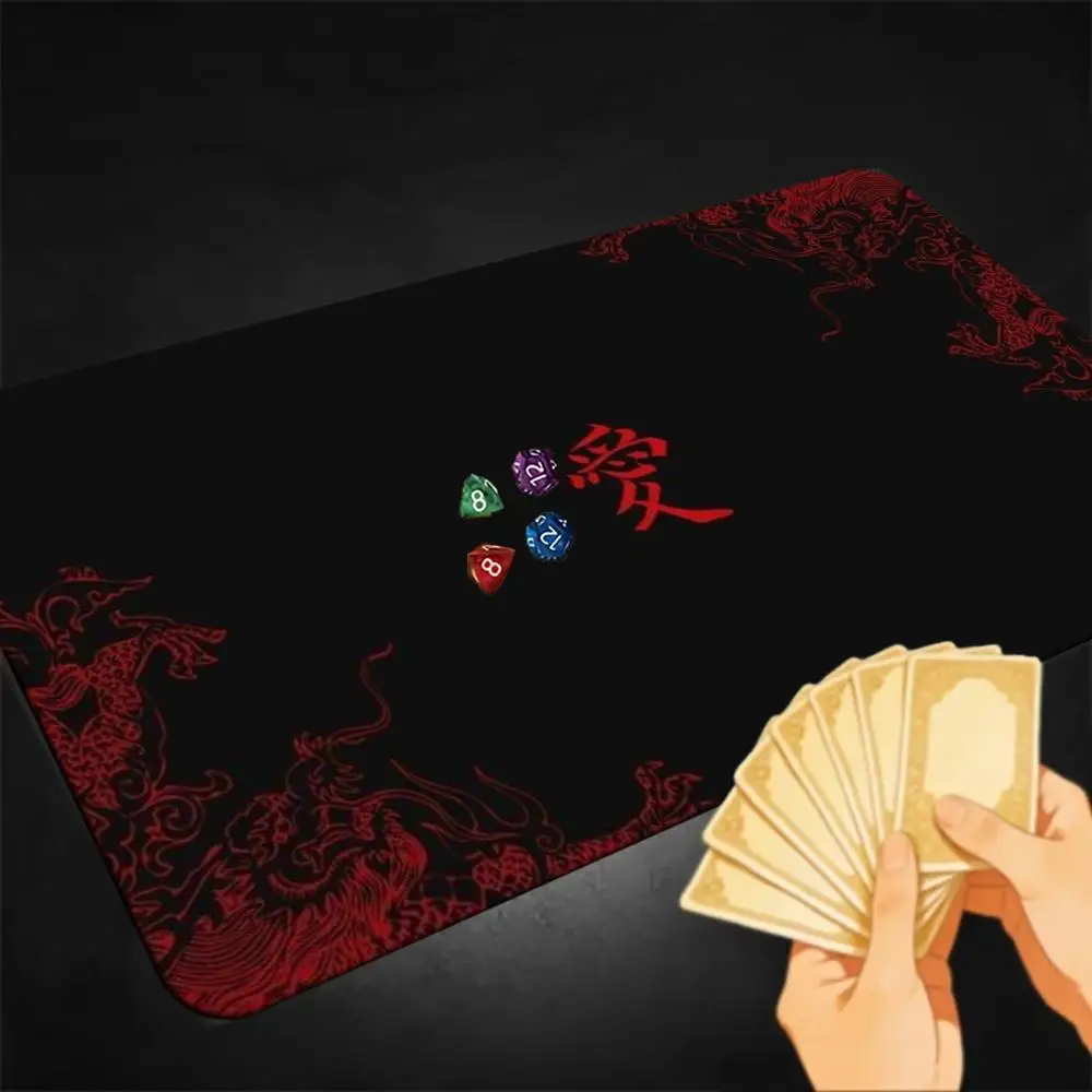 Chinese Red Dragon Line Art TCG Playmat Oriental Calligraphy Character Black Base Traditional Pattern Non‑Slip Desk Mat