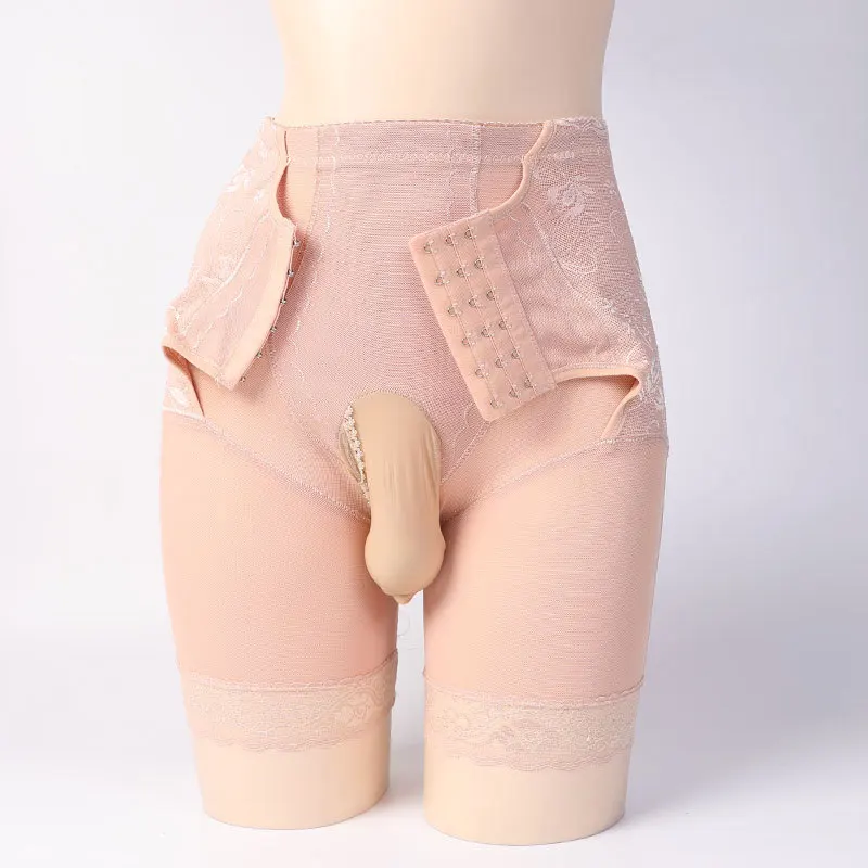 Pantalones cortos adelgazantes con manga de pene para hombre, ropa moldeadora de encaje de malla con hebilla, entrenador de cintura alta, bragas de corsé Sexy transparentes