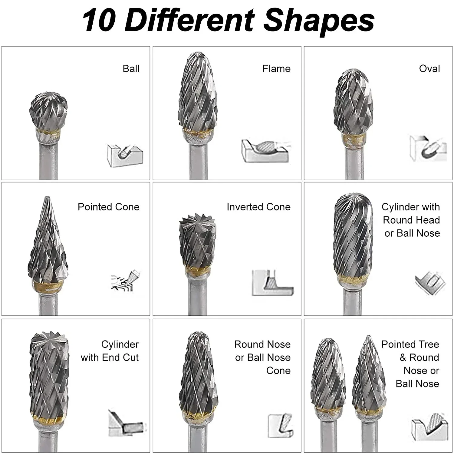 10PCS Carbide Rotary Burr Set 3mm Shank Double Cut Grinding Bits Carving Tool for Wood Metal Stone Tile Polishing DIY Drill view 5