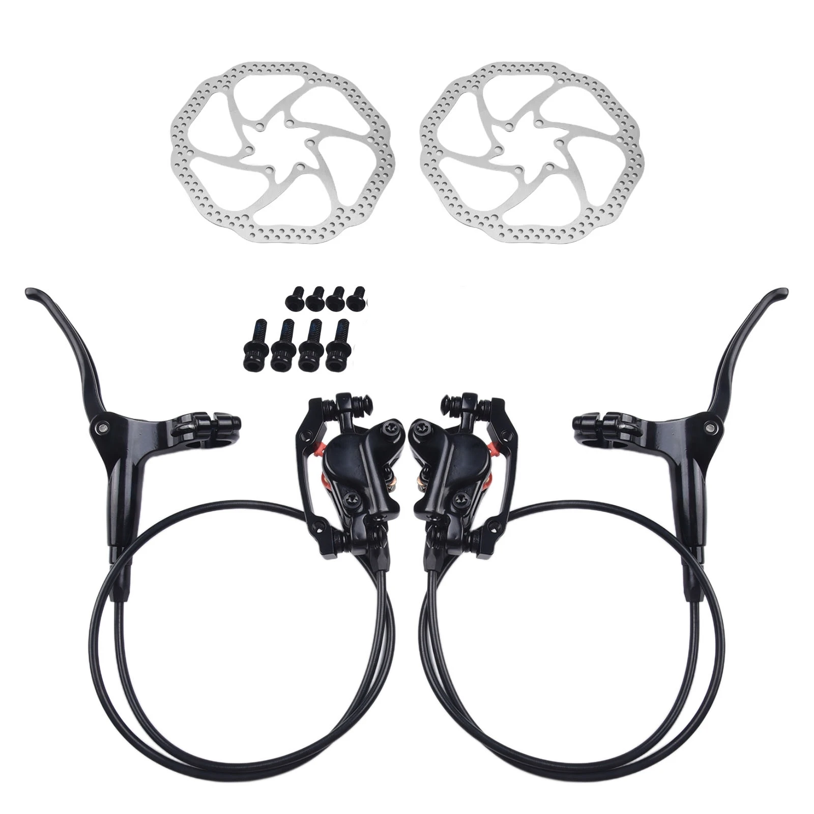 

Mountain Bike Hydraulic Disc Brakes Pre-Filled Lever Set Aluminum Alloy 576g 51mm IS/74mm Post Mount Black