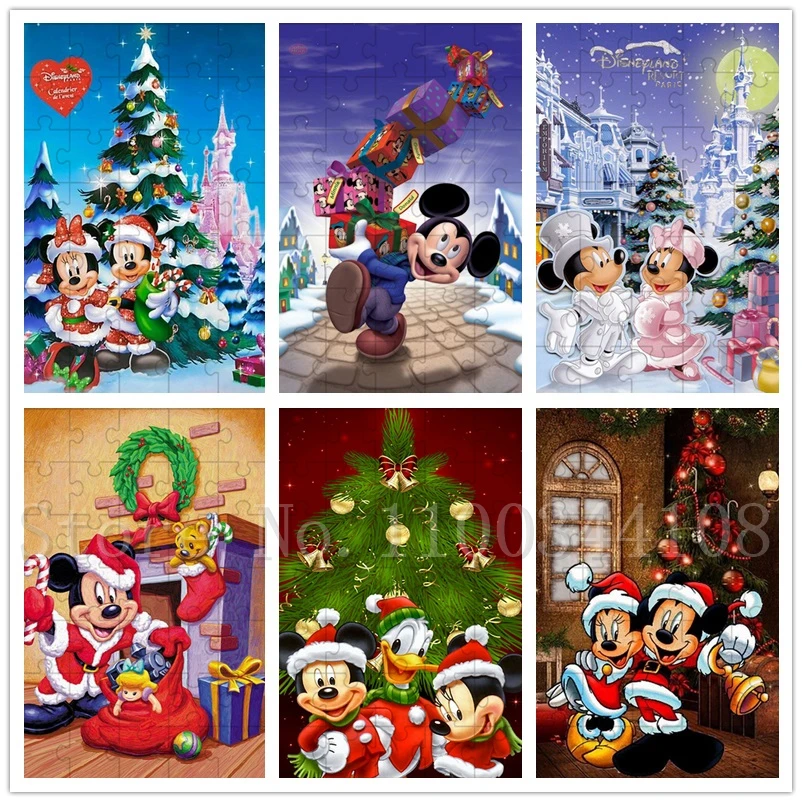 35 Pieces Disney Christmas Jigsaw Puzzles for Children Mickey Minnie Mouse Donald Duck Wooden Puzzles Kids Toys Christmas Gifts