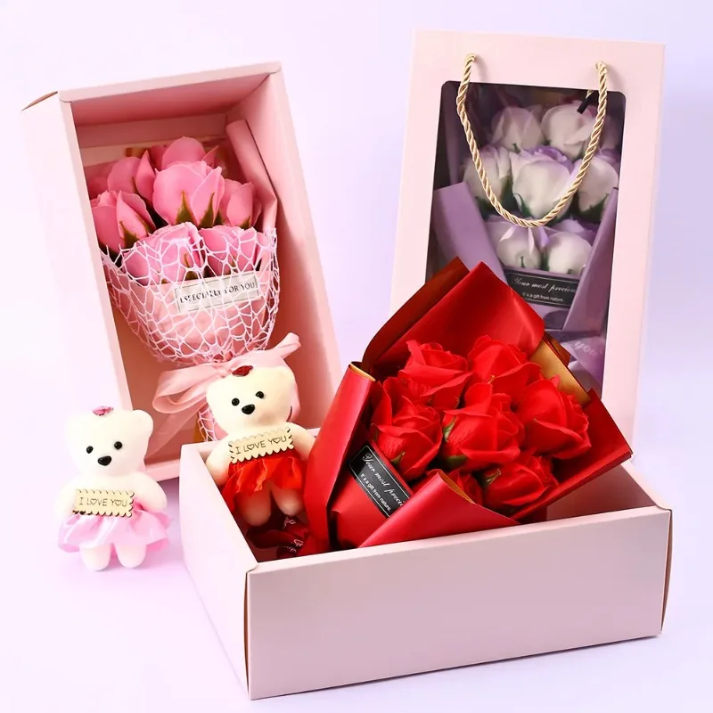 Mini Rose Soap Flower Bouquet Toys Gift Box with Cute Bear Premium Soap Flower Gifts for Valentine's Day Birthday Festival Gifts