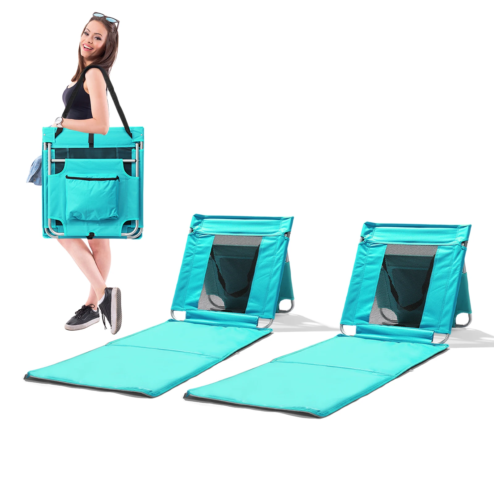 Tumbona de playa plegable, colchoneta de playa ligera, sillón con respaldo de malla transpirable, bolsillo más fresco para bronceado y relajante