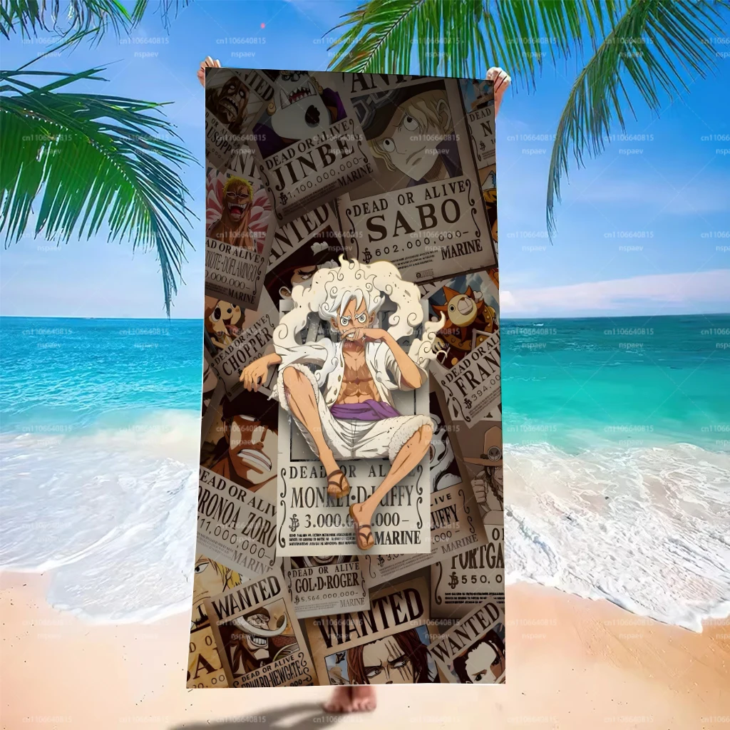 Retro Pirate Wanted Bounty Large Beach Towel, One Piece All Characters Absorbent Lightweight Towel for Pool Camping Travel