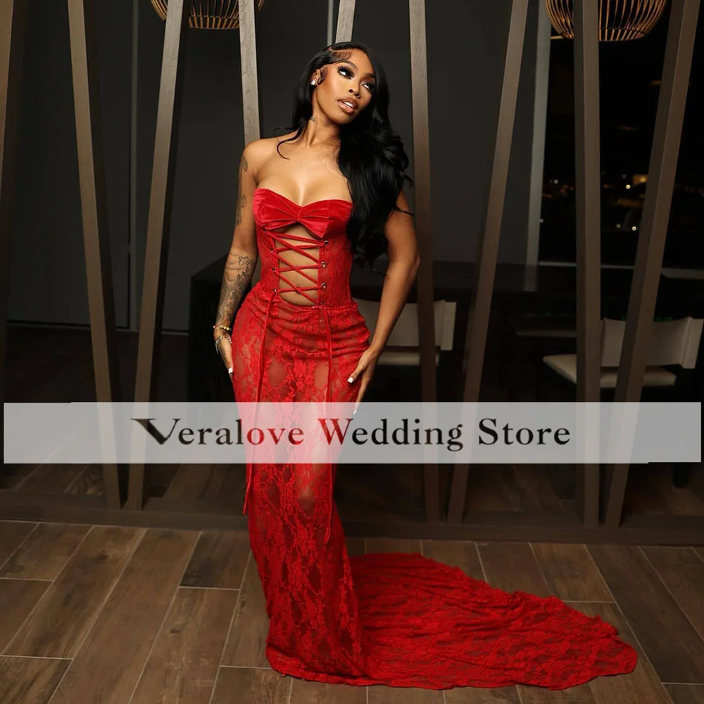 Customized Sexy Red Lace Prom Dress For Black Girls 2024 Sweetheart Mermaid Party Gowns See Through Vestidos De Graduación