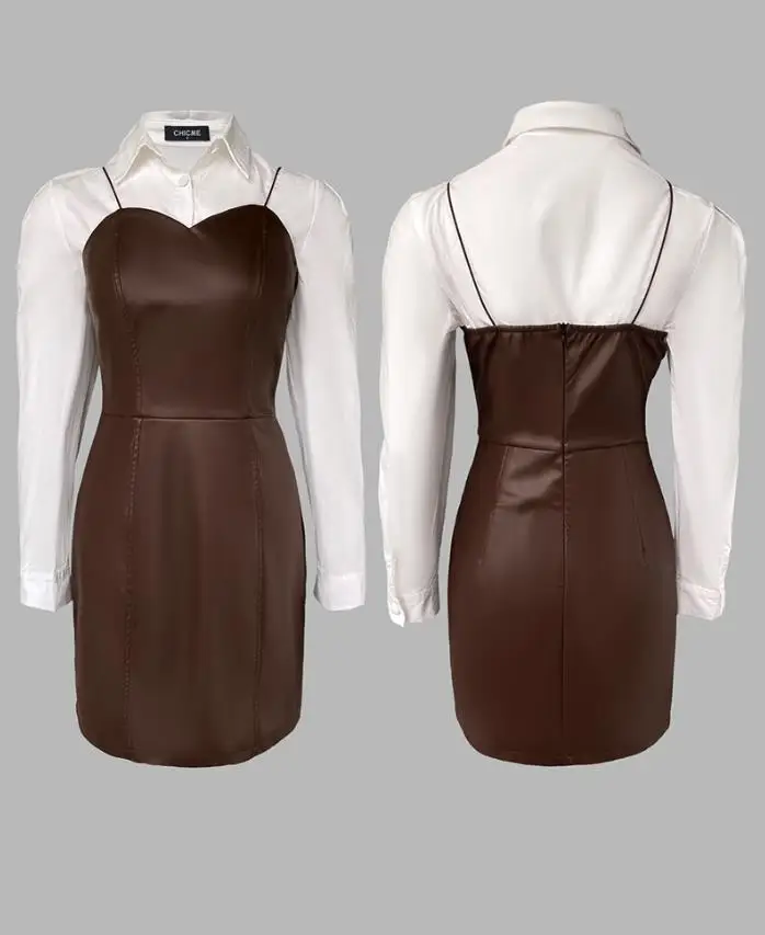 

2 Pieces Outfit In Autumn Women's Fashion Turn-Down Collar Long Sleeve Blouses & Casual Spaghetti Straps Pu Leather Skirt Sets