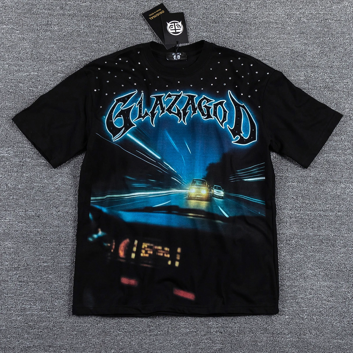 T-shirt Glaza God de style américain, tendance streetwear, rétro, ample, imprimé avec des strass, manches courtes, coton de haute qualité
