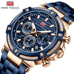 MINI FOCUS Sports Quartz Watches for Men Multifunction Three Dials Navy Steel Strap Luxury Brand Waterproof Mens Watch 0470G