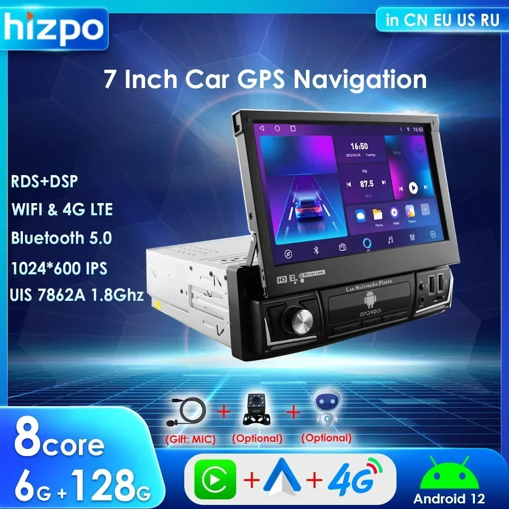 HIZPO 7'' Universal Carplay Android 12 1din Car Radio Multimedia Player Manual Navigation Adjustable Screen Stereo BT RDS GPS FM