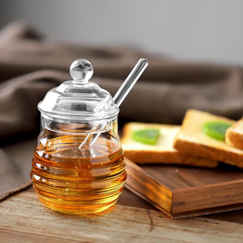 1Set Glass Honeycomb Tank Honey Storage Container With Dipper And Lid Honey Bottle For Home Wedding Party Kitchen Tools