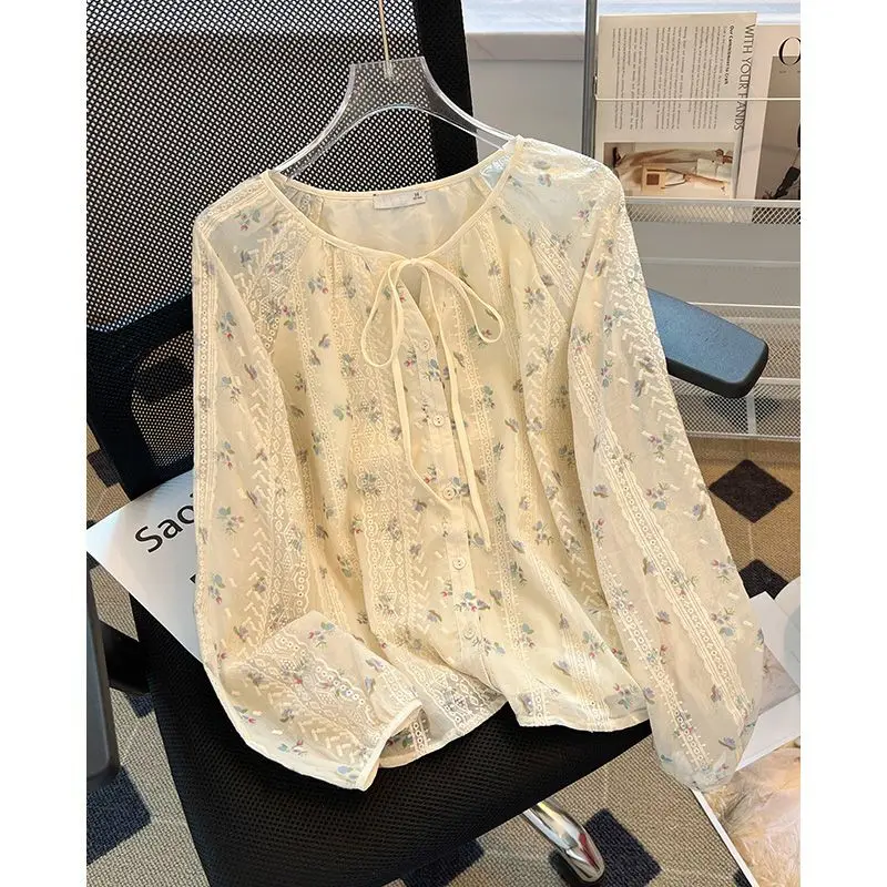 

Female Spring Summer Fashion Preppy Style Floral Button O-neck Women's Shirt Sweet Bow Lacing Chiffon Long Sleeve Loose Top Tee