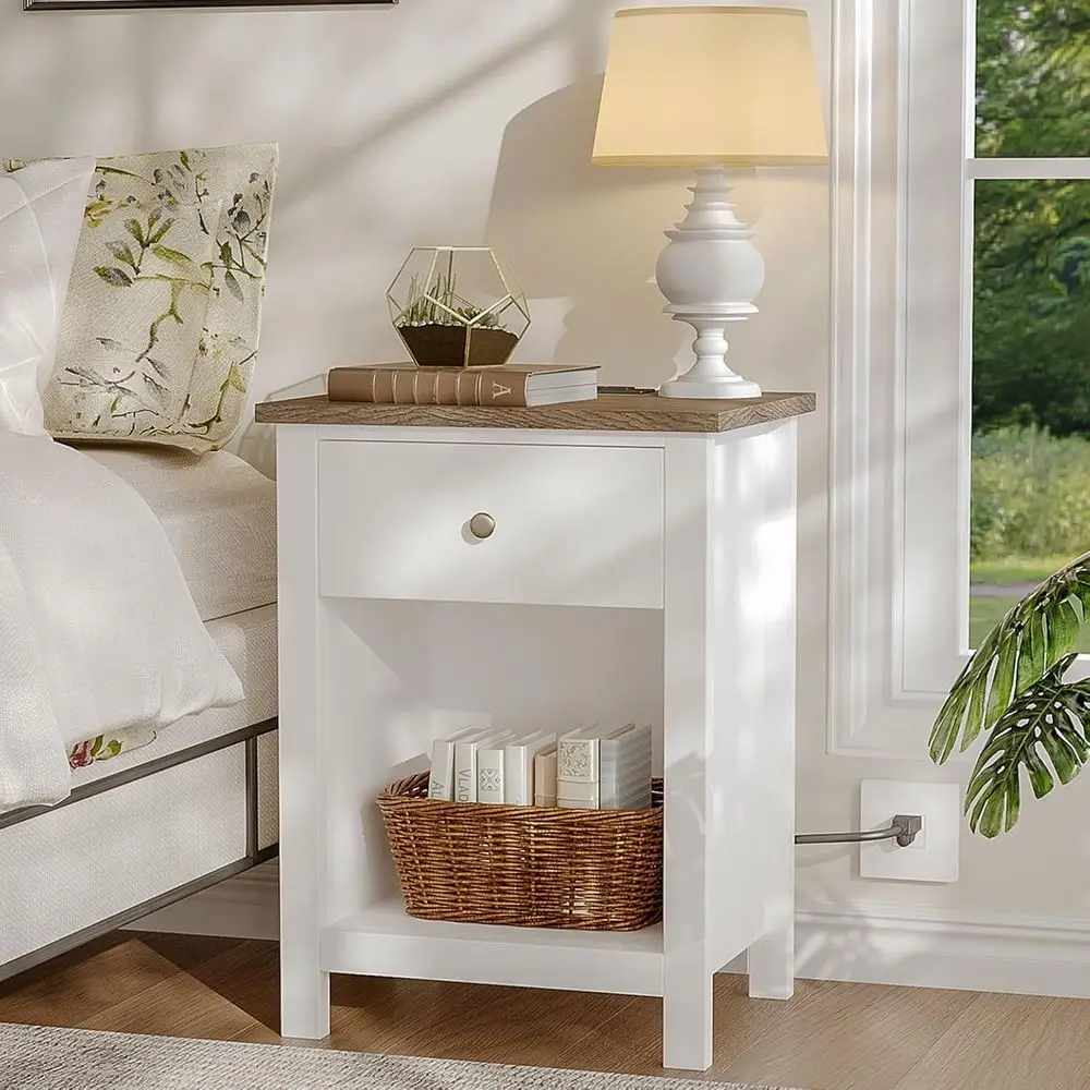 

Charging Station Nightstand, Wooden Top, Bedside Table with Drawer and Storage, White