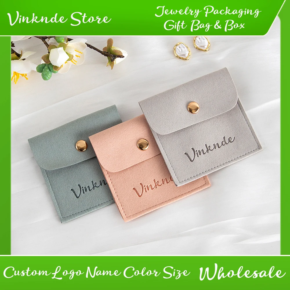 

Microfiber Jewelry Bags With Gold Snap Custom Logo Small Packaging Dust Pouches For Bracelet Necklace Ring Earrings Wedding Gift