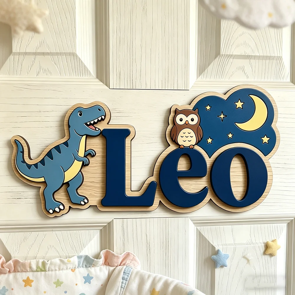 Personalized Dinosaur & Owl Name Sign, Custom Wooden Kids Room Decor, Cute Night Sky Nursery Door Plaque, Unique Gift
