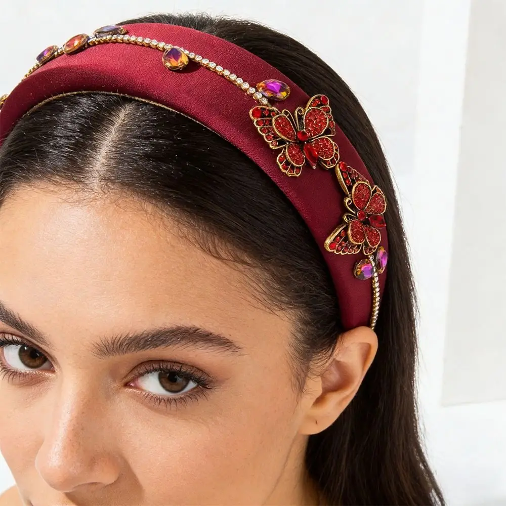 

Повязка для волос в стиле барокко с бабочками и стразами, широкая, с блестящими кристаллами и бусинами, в придворном стиле