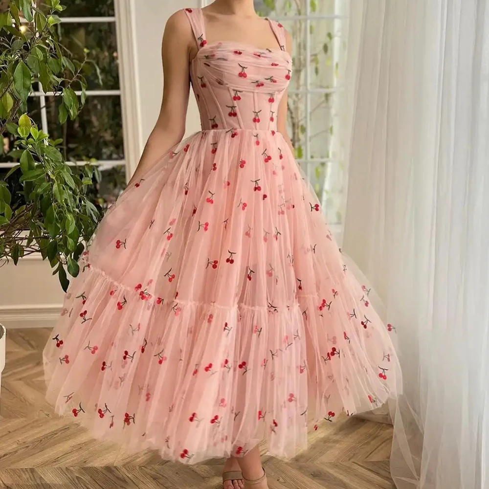 

A-Line Elegant Tulle Square Neck Evening Dress Ankle Length Modern Sleeveless Photo Color Custom Size Special Occasion Gowns