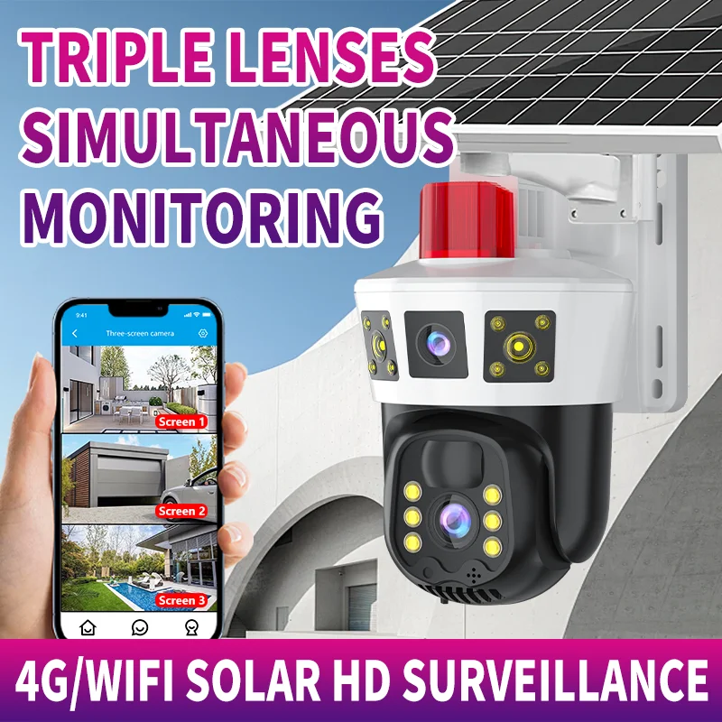 6MP V360pro APP Triple Lens Solar Power Wireless PTZ  4G Dome  Camera AI Humanoid Detection Home Security CCTV Baby  Monitor