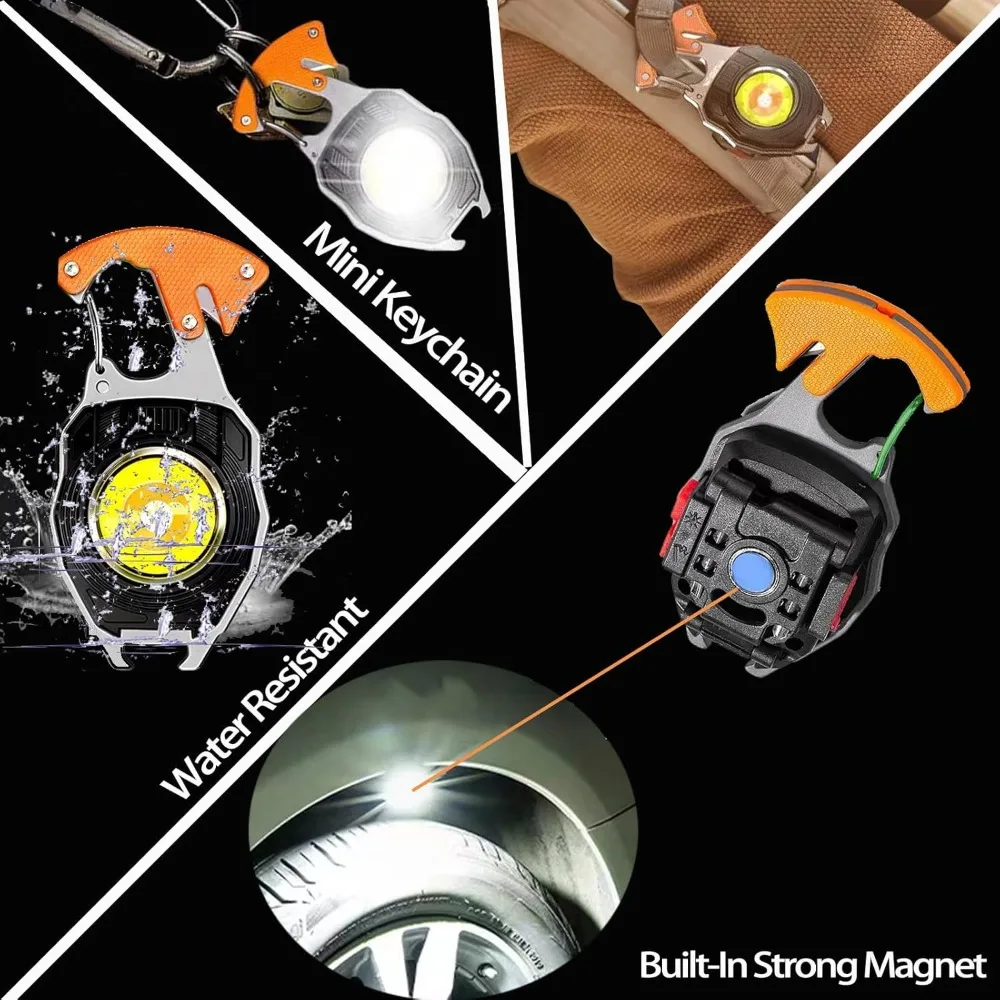 7 Light Modes Keychain Work Light 1600Lumen Bottle Opener Rechargeable Flashlight Life-Saving Whistles Screwdriver