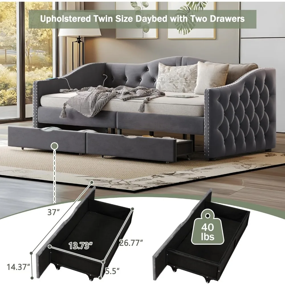 Daybed Ukuran Twin Berlapis Kain dengan Penyimpanan, 2 Port USB, Rangka Kayu Kokoh, Ideal untuk Kamar Tidur, Tidak Perlu Box Spring