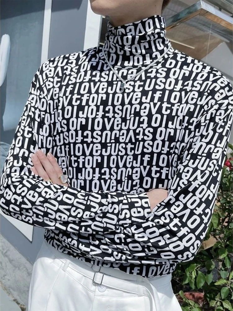 Ins Trendy Men's High Neck Long Sleeve T Shirt Plaid Multi Color Printed Slim Fit Base Layer Top Versatile Casual