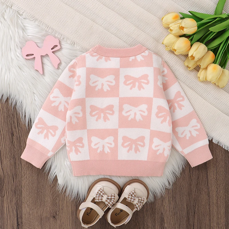 2024-07-03 Lioraitiin Toddler Girls Sweater Bowknot Print Contrast Color Crew Neck Long Sleeve Baby Pullovers Fall Clothes Tops