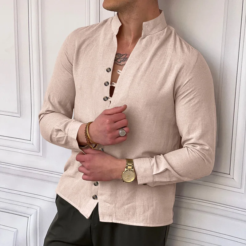 

Cross-border Amazon's Men's Ethnic Style Casual Loose Button-up Stand-up Collar Long-sleeved Shirt Camisas Masculinas Estilosas