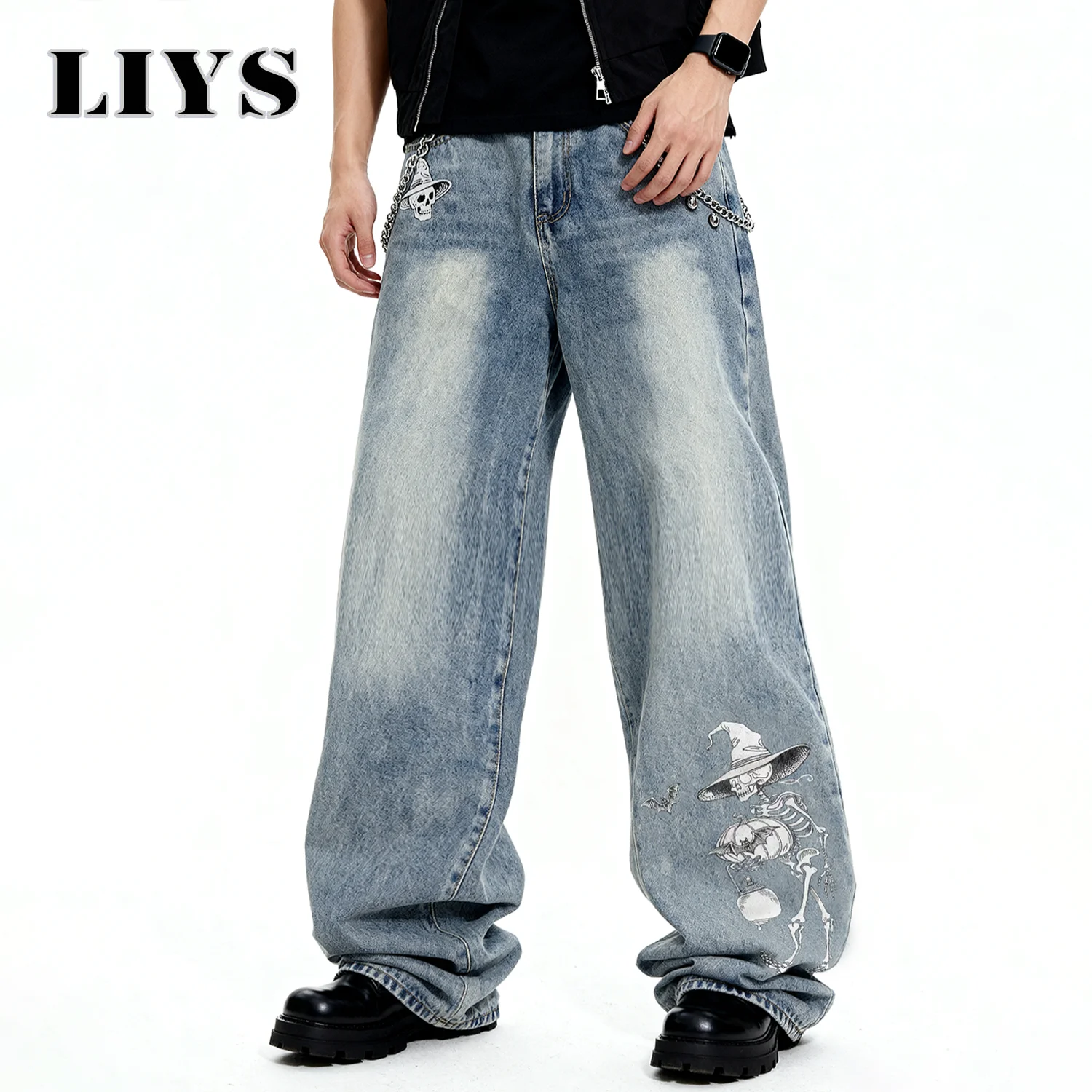

Мужские свободные широкие джинсы в готическом стиле с принтом черепа, светло-голубые уличные мешковатые джинсовые брюки унисекс в стиле хип-хоп, костюм на Хэллоуин