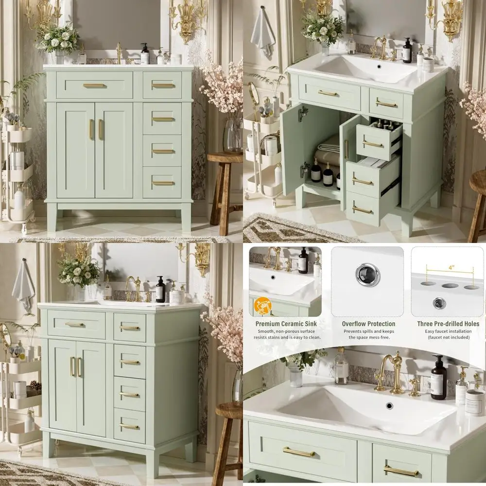 

30" ceramic sink vanity with 2 doors & 2 drawers, soft close cabinet, undermount basin