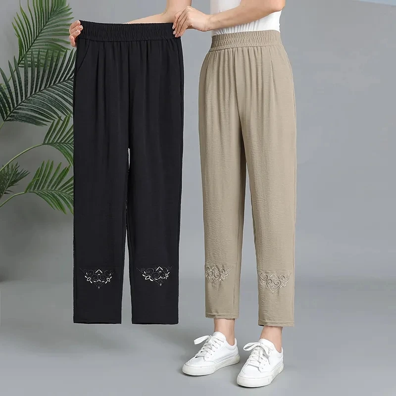 2024 New Summer Fashionable Trendy High Waist Slim Embroidery Straight Leg Pants for Middle Aged and Elderly Women's Wear