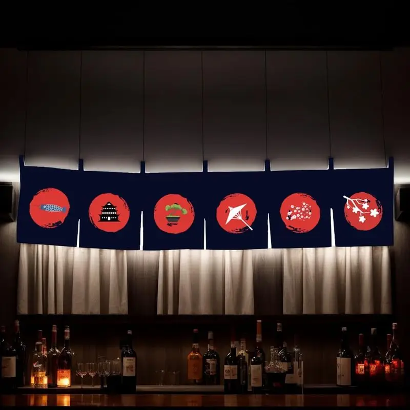 VIKAMA Red Circle Japanese Motifs Noren Curtain Hanging for Sushi Ramen Bar Shop Doorway Traditional Cozy Aesthetic Home Decor