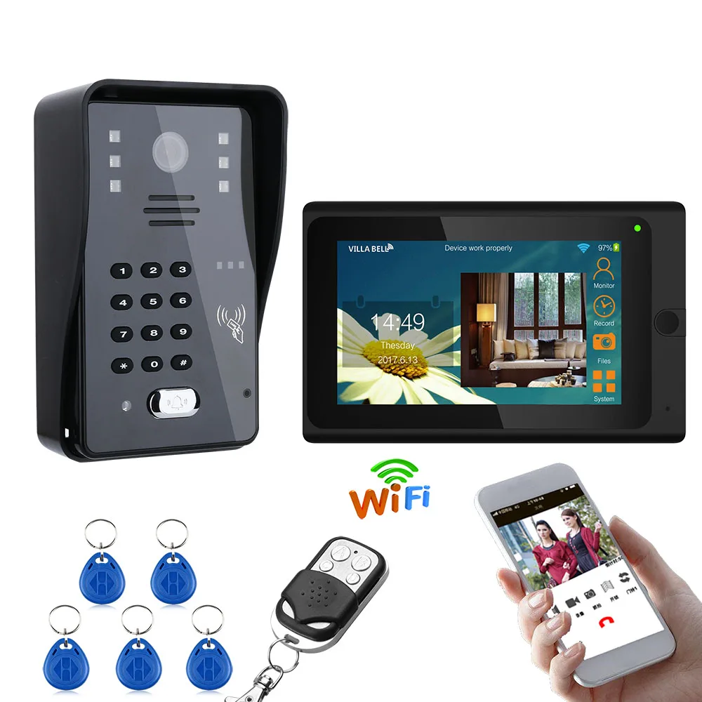 7 polegada sem fio wifi rfid vídeo porta telefone campainha intercom sistema de entrada suporte remoto app desbloqueio gravação instantâneo