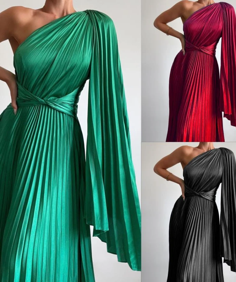 カジュアルな斜め肩ノースリーブワンピース 東南アジア風 無地 ミディ丈スカート Aラインシルエット 春夏秋冬