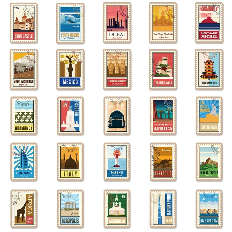 10/25/50pcs Vintage World Travel Landmark Stickers Post Stamp Style Vinyl Decals for Luggage Scrapbook Laptop Journaling Planner