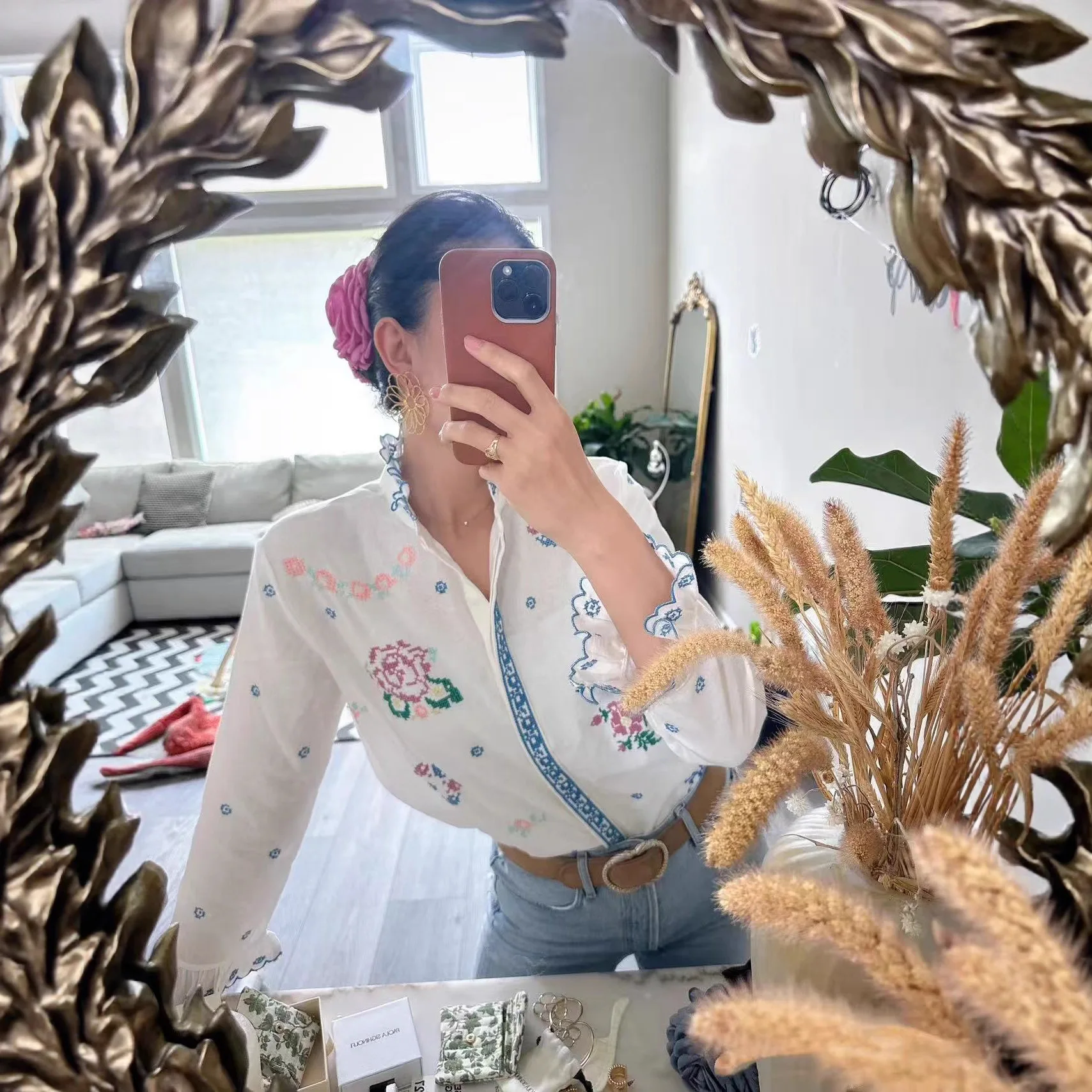 

Retro Sle Long Sve irt Women's Cotton Embroidered Cross Pattern ell Collar Ladies Faion Autumn Winter New Arr...