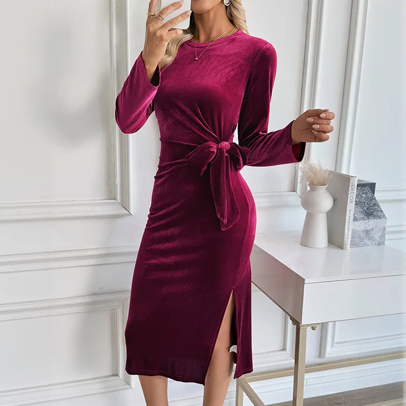 2025 Autumn and Winter New Women's Fashion Long Round Neck Split Skirt Temperament Elegant Dating Long Sleeve Hip Dress Lady
