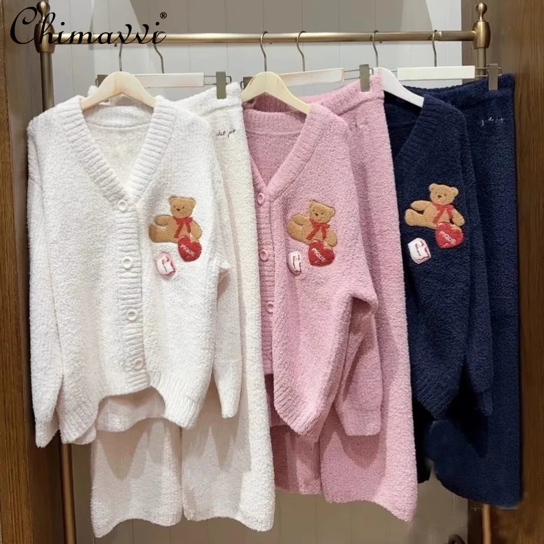 

Japanese Sweet Pajama Set Autumn Winter New Cute Girl Round Neck Long Sleeve Half Velvet Embroidered Bear Cardigan Homewear Set