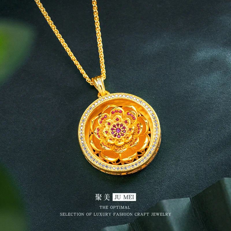 luxury 9999 24K real gold point diamond lotus compass hollow pendant women's retro advanced rotatable clavicle chain pendant