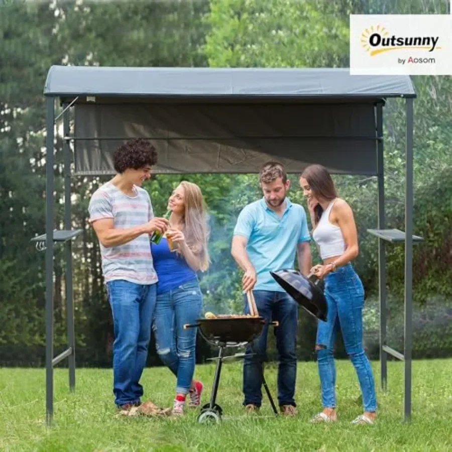 7FT Grill Gazebo BBQ  with Sun Shade Panel Side Awning 2 Exterior Serving Shelves 5 Hooks for Patio Lawn Backyard Multi