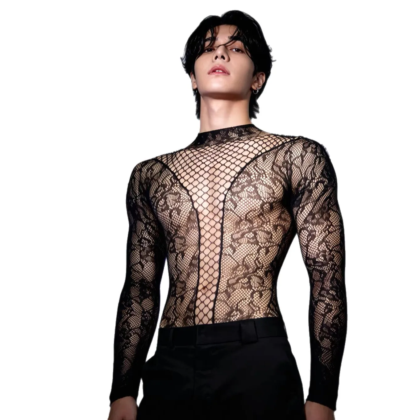 New Men's Sexy Bodysuits Mesh Underwear High Stretch Top See-through Ultra-thin Crew Neck Long-sleeve Sissy Party Bodysuit