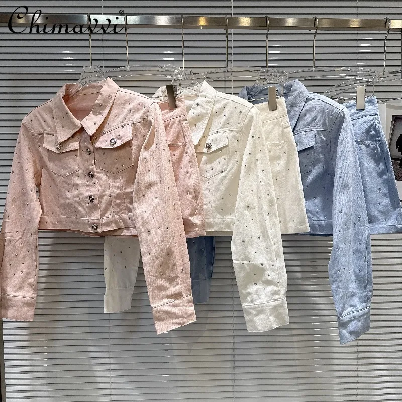 

2025 Autumn New Fashion Hot Girl Pocket Jacket Short Coat + Short A-line Skirt Set Heavy Rhinestone Hot Girl Two-piece Set