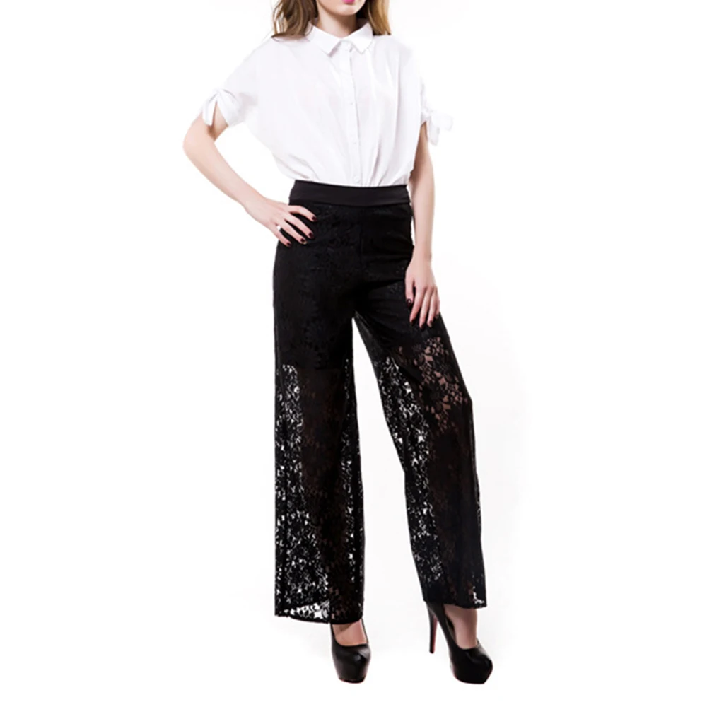 2023 Europe And The United States Summer New Women\'s Lace Hollow Stretch High Waist Sexy Nine Point Wide Leg Pants Women Pants