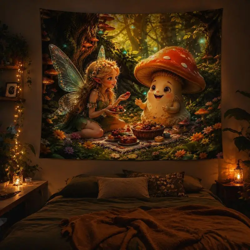 VIKAMA Forest Elf Fairy Anime Tapestry Galaxy Mushroom Wall Hanging Nature Fantasy Bedroom Dorm Decor