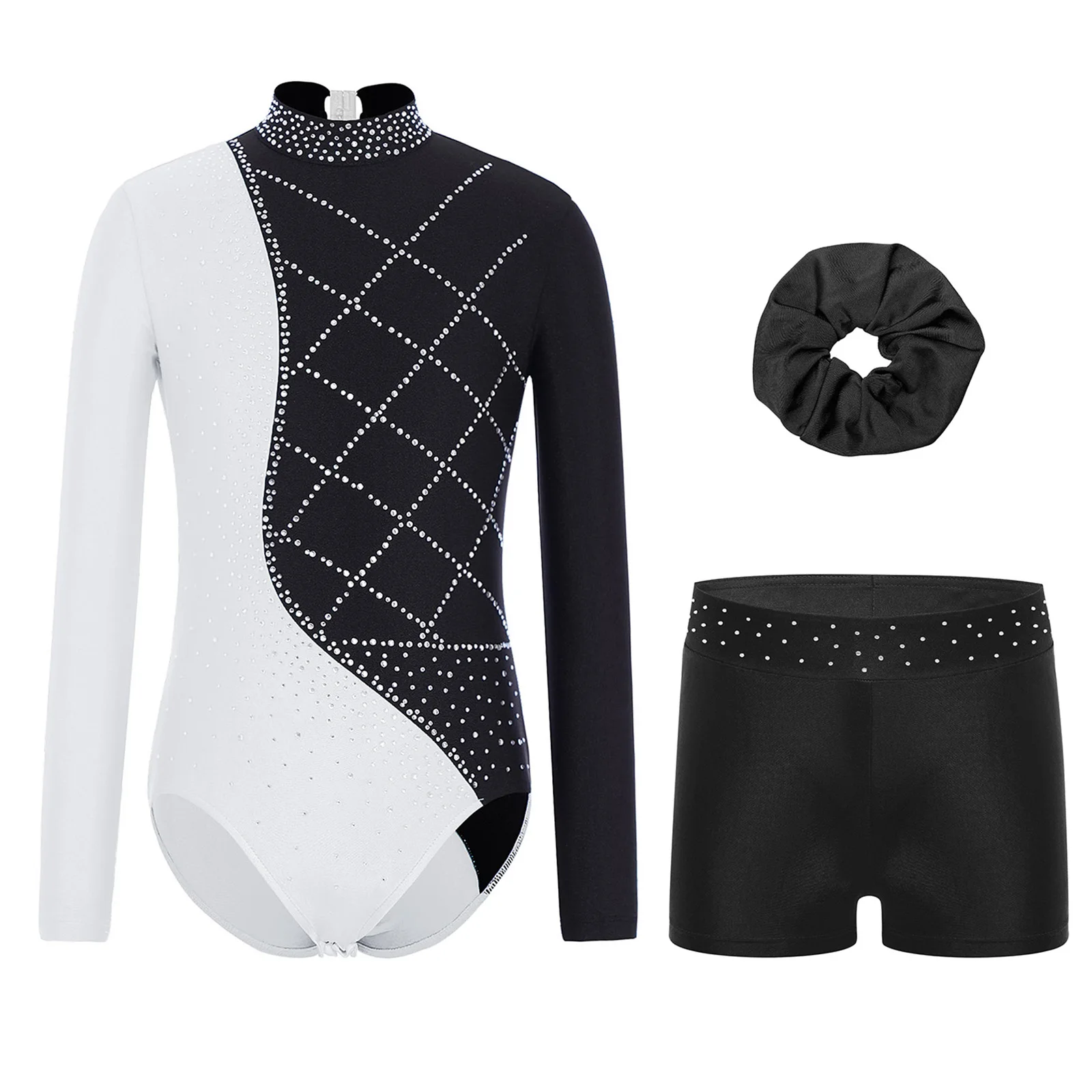 Kids Girls Gymnastics Dance Outfit Long Sleeve Rhinestones Leotard Bodysuit with Shorts Hairband Ballet Figure Skating Costumes